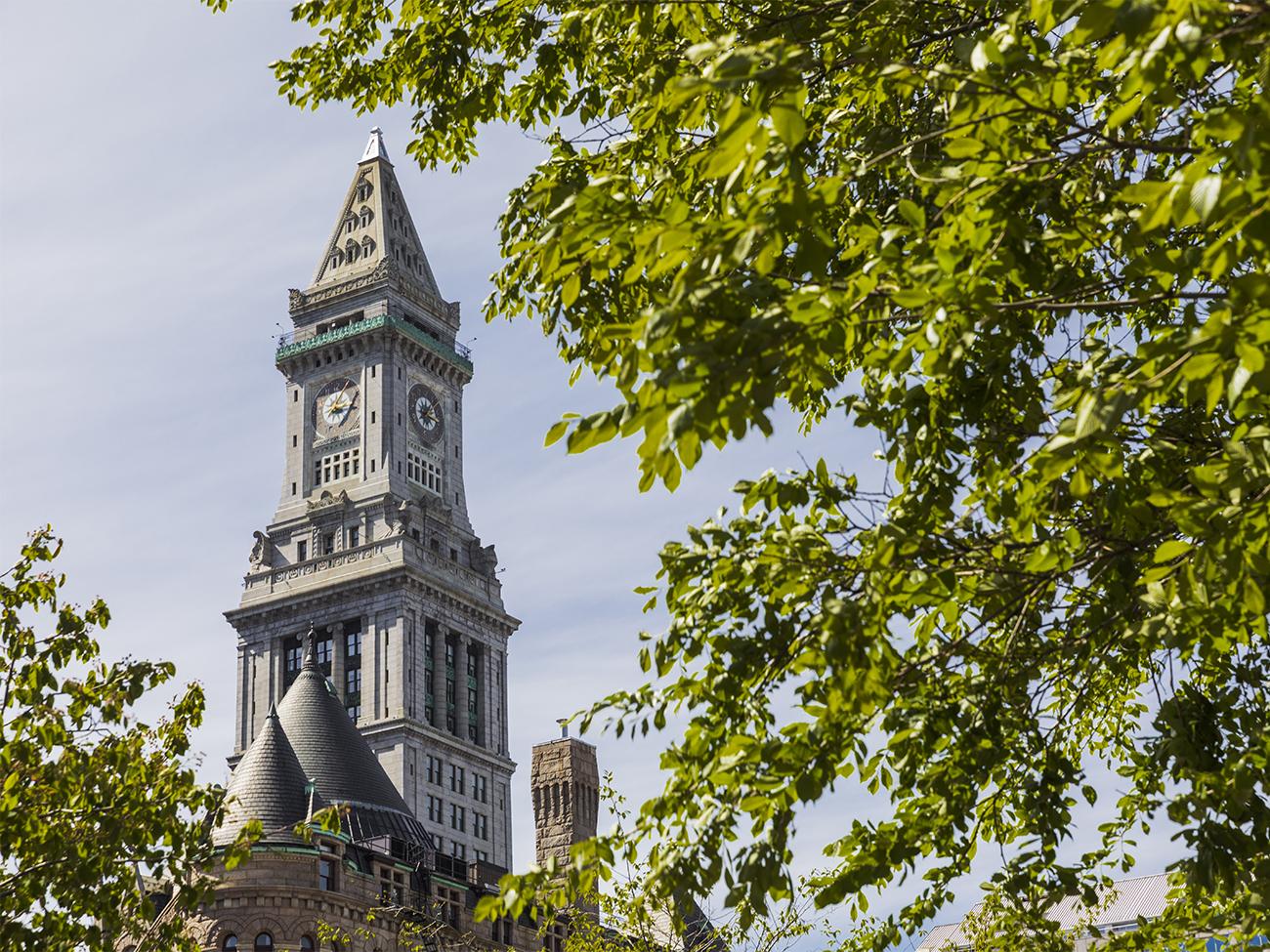 Boston Custom House Tower framed by trees, a Marriott Vacation Club timeshare destination